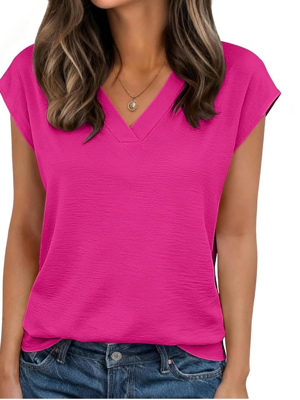 zeagoo V-Neck Cap Sleeve Blouse in Fuchsia